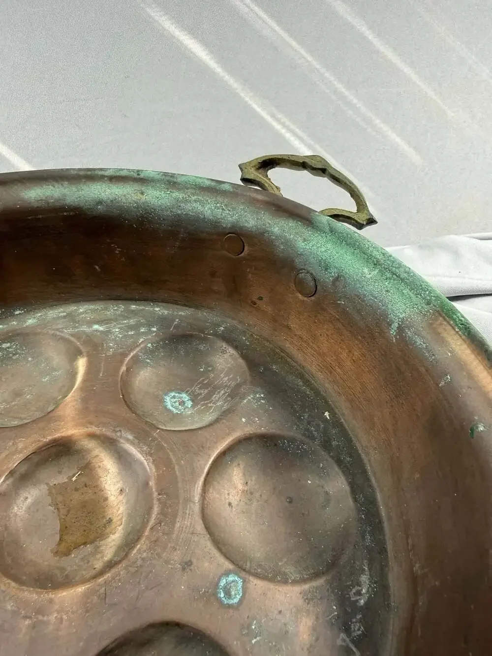 Vintage Turkish Copper 7-Well Egg Poacher Pan Ornate Brass Handles Patina
